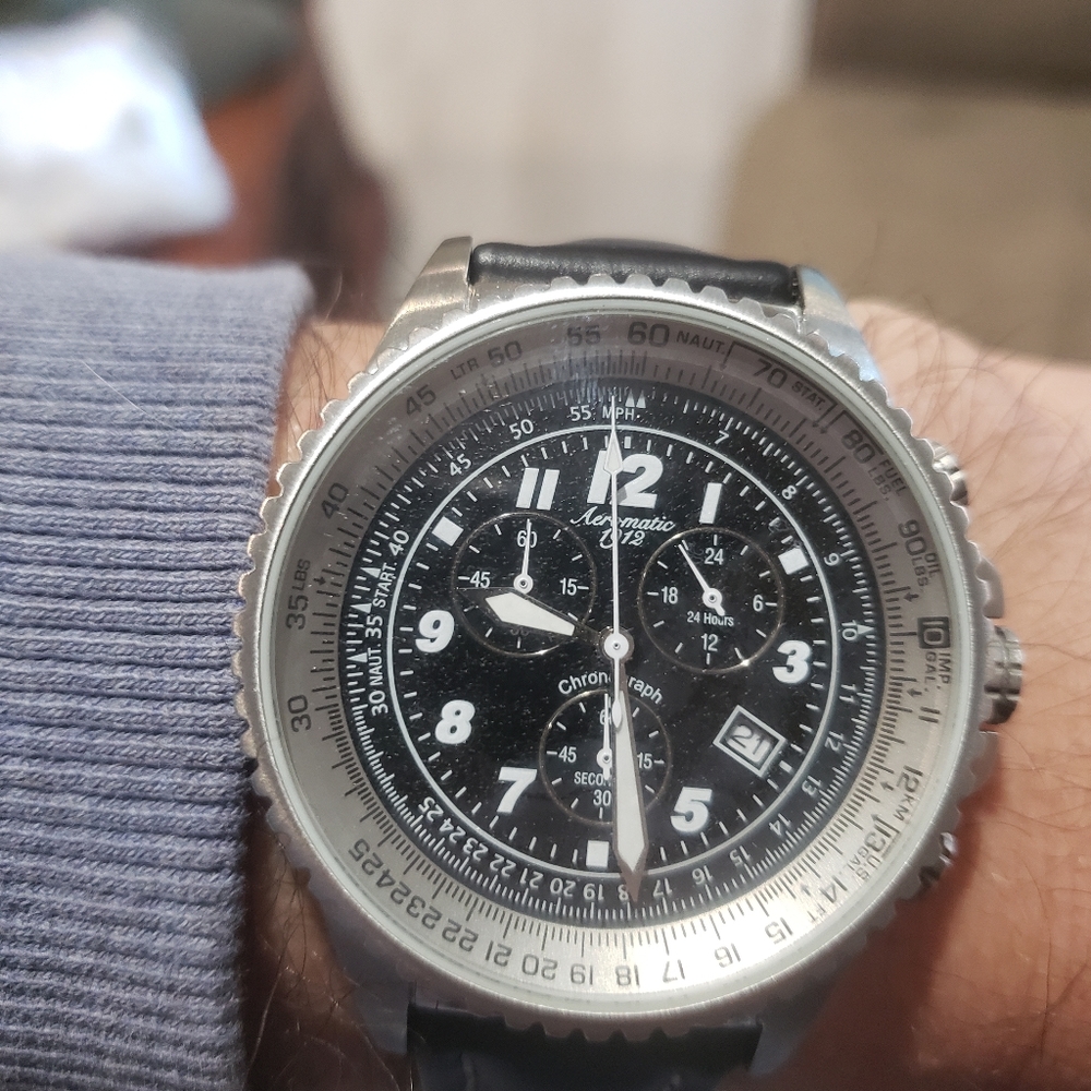 Mens Aeromatic 1912 Watch quartz chronograph, black dial, band, and silver case